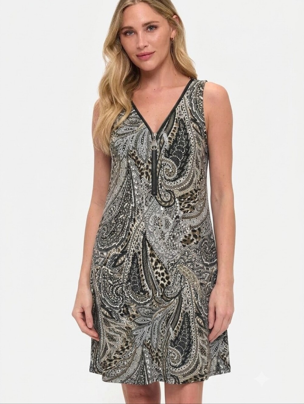 Ariella Zipper Sleeveless Paisley Print  - Black, Gray, Cream